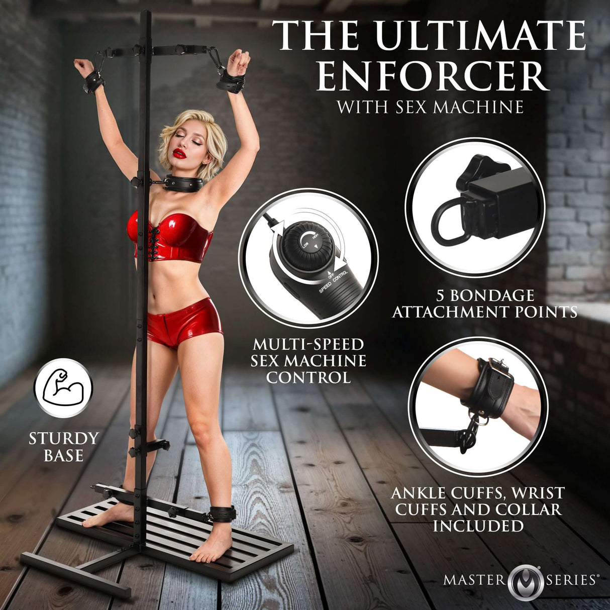 Ultimate Enforcer Forced Orgasm Tower with Sex Machine featuring bondage cuffs and multi-speed control.