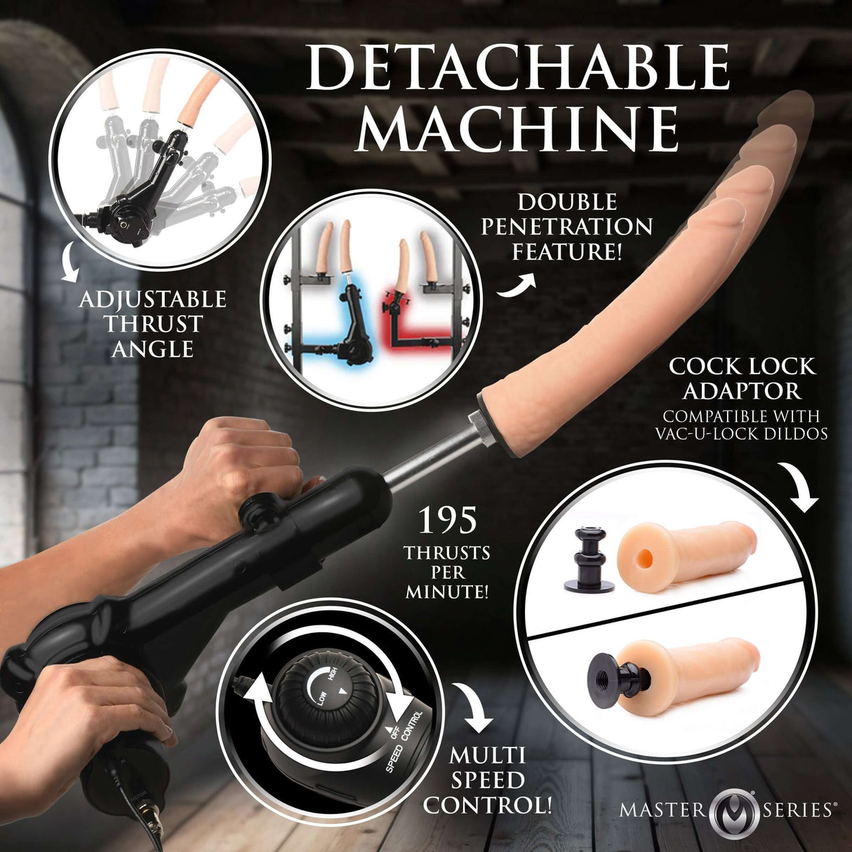 Image of the Ultimate Enforcer Forced Orgasm Tower with Sex Machine showcasing detachable features, adjustable thrust, and speed control.
