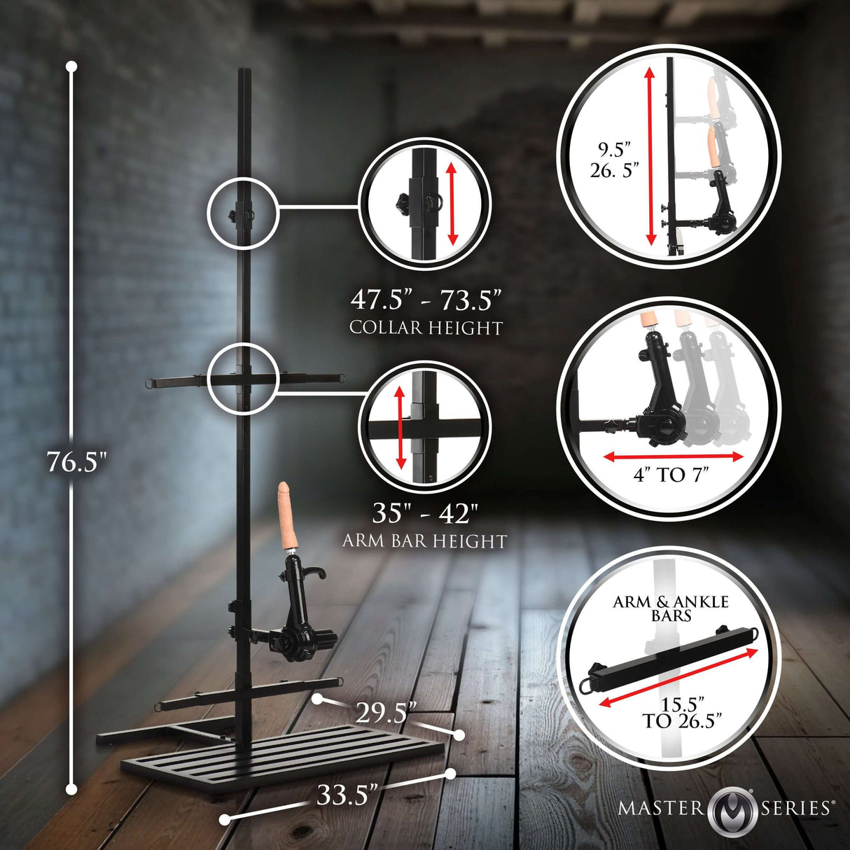 Ultimate Enforcer Forced Orgasm Tower with Sex Machine dimensions illustration showing height and adjustable features.