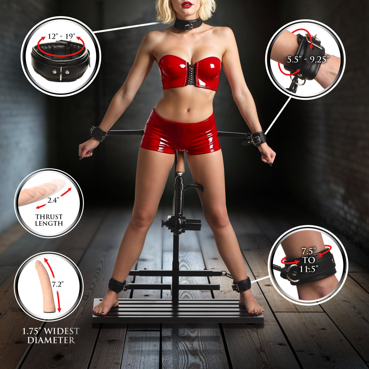 Ultimate Enforcer Forced Orgasm Tower with Sex Machine displayed with measurements and details.