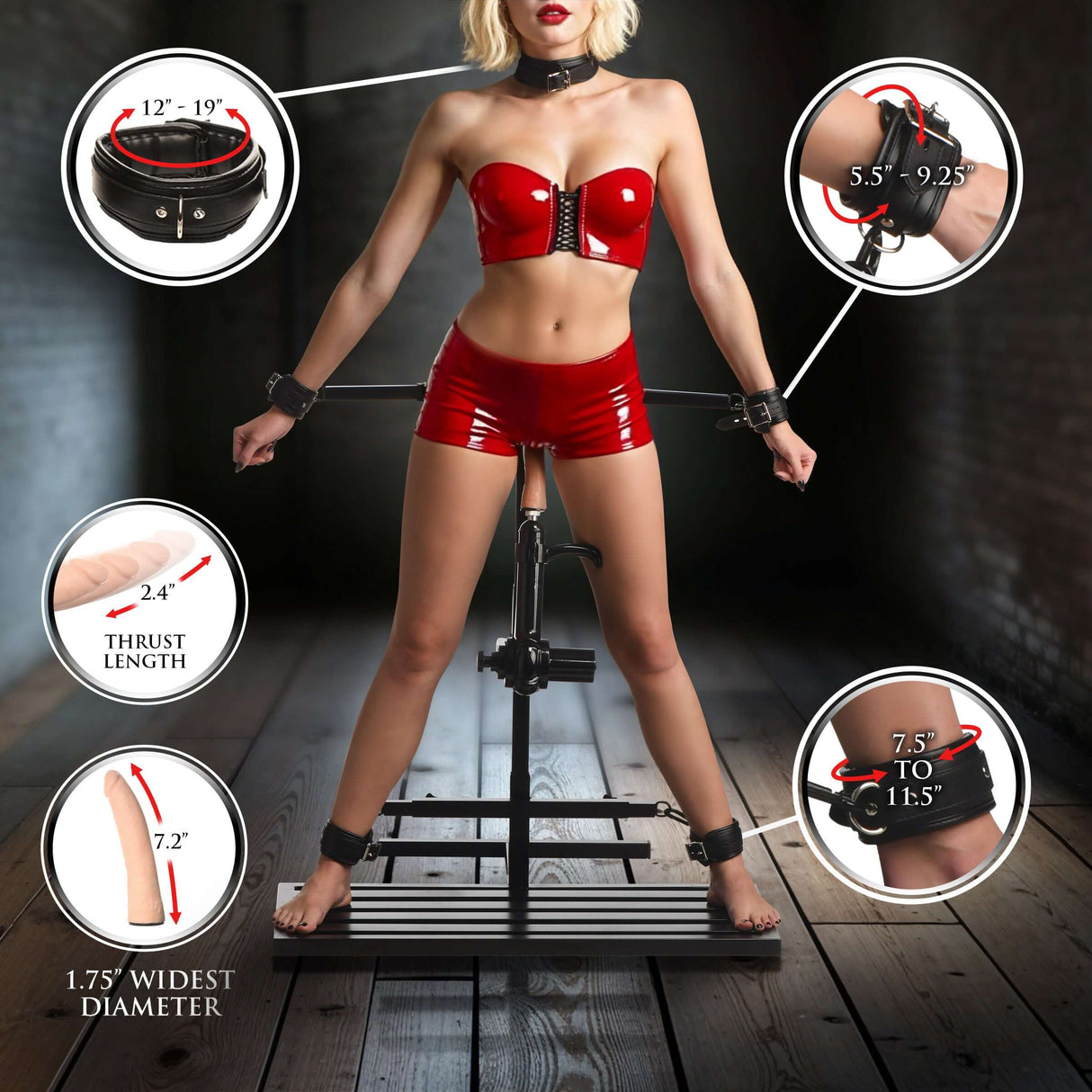 Ultimate Enforcer Forced Orgasm Tower with Sex Machine displayed with measurements and details.