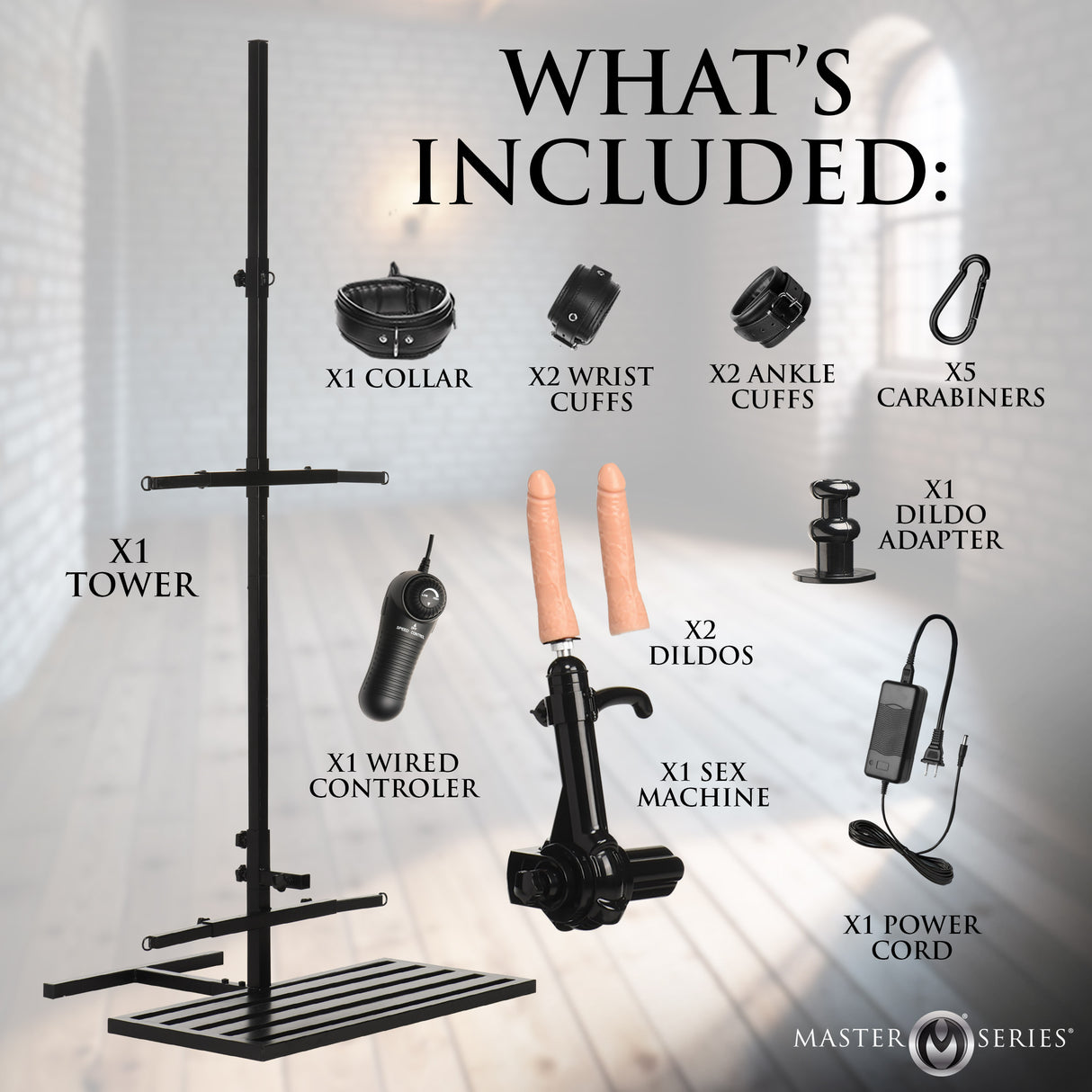 Ultimate Enforcer Forced Orgasm Tower with Sex Machine components including tower, dildos, cuffs, and controller.
