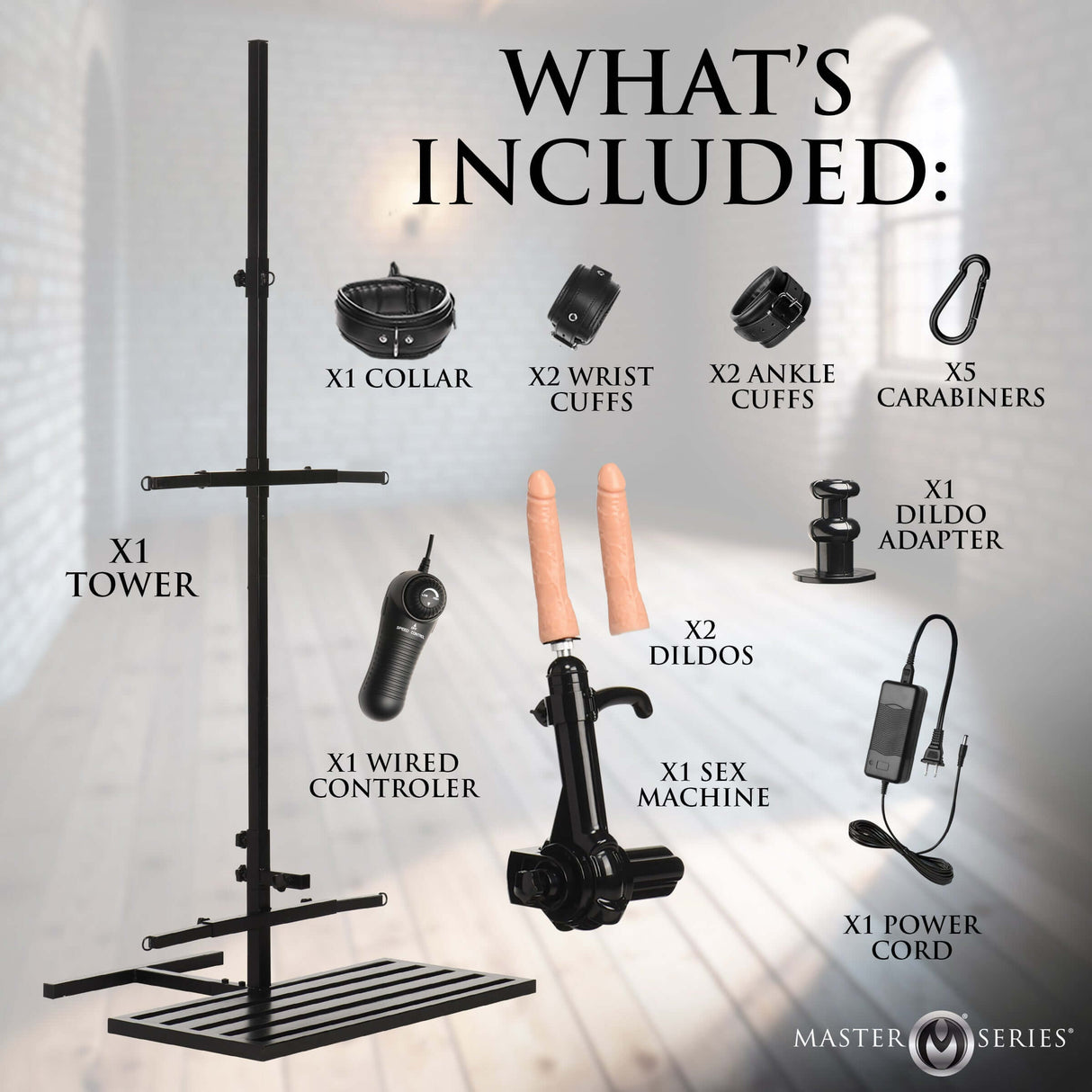 Ultimate Enforcer Forced Orgasm Tower with Sex Machine components including tower, dildos, cuffs, and controller.