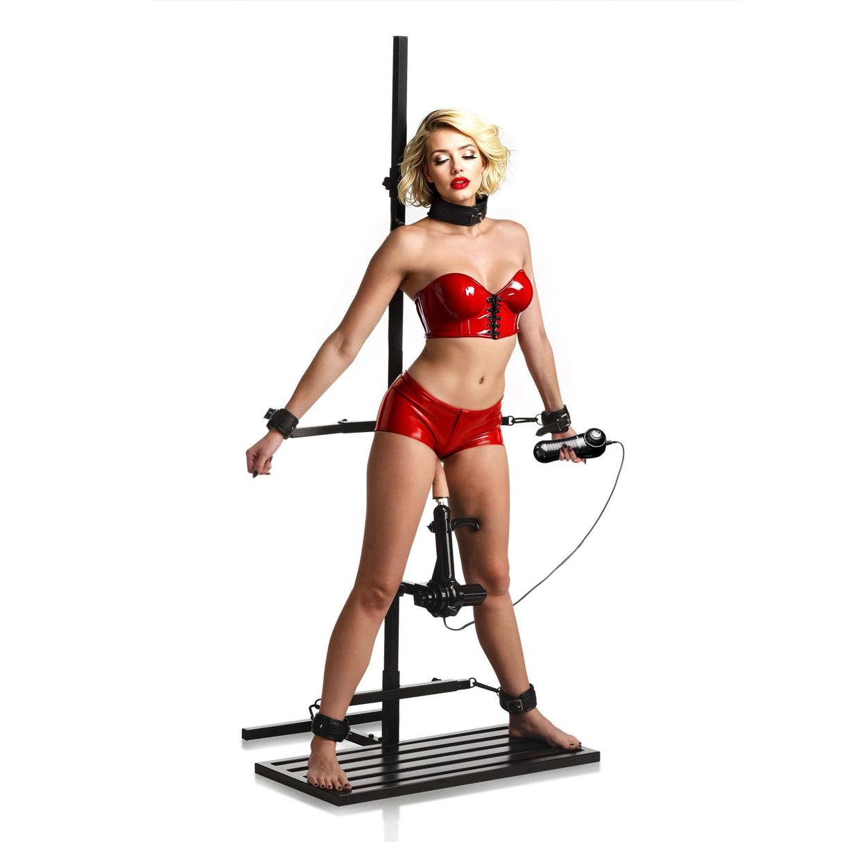Ultimate Enforcer Forced Orgasm Tower with Sex Machine featuring a woman in bondage attire.