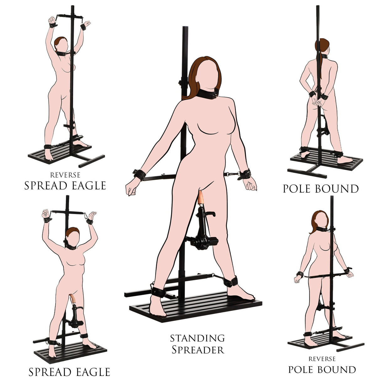 Illustration of the Ultimate Enforcer Forced Orgasm Tower with Sex Machine in various positions: Reverse Spread Eagle, Pole Bound, Standing Spreader, Spread Eagle.