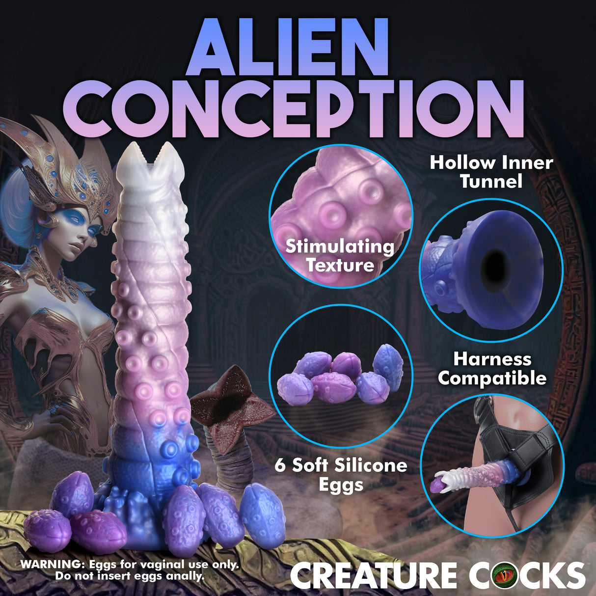 Tenta-Queen Ovipositor Silicone Dildo with Eggs featuring stimulating texture and six soft silicone eggs.