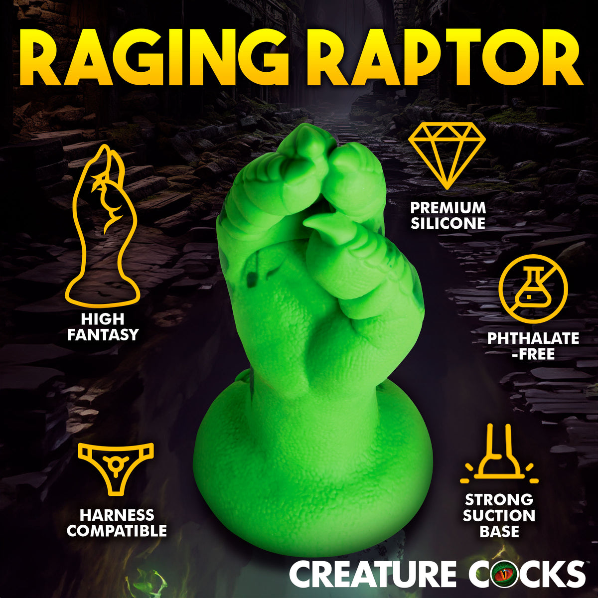 Raptor Claw Fisting Silicone Dildo Green showcasing vibrant green silicone, claw details, and strong suction base for adventurous play.