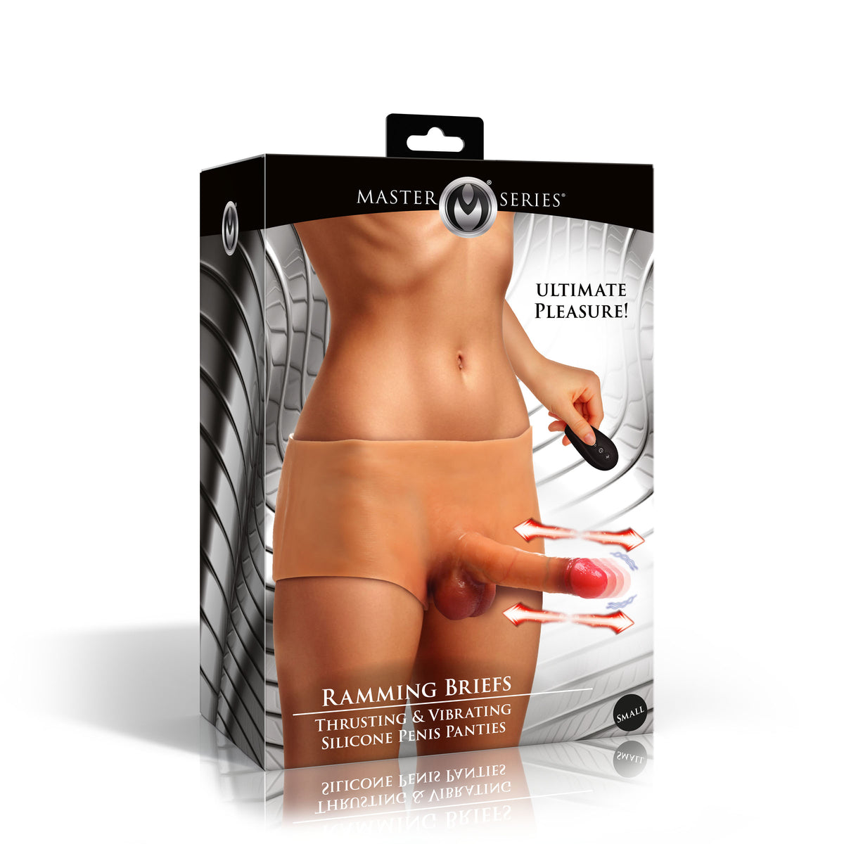 Ramming Briefs Thrusting & Vibrating Penis Panties Small packaging showcasing ultimate pleasure features.