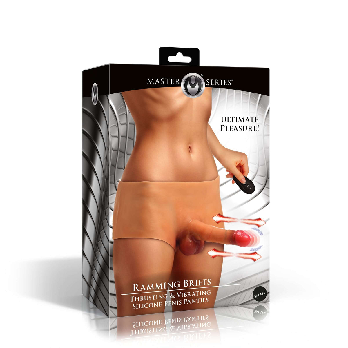 Ramming Briefs Thrusting & Vibrating Penis Panties Small packaging showcasing ultimate pleasure features.