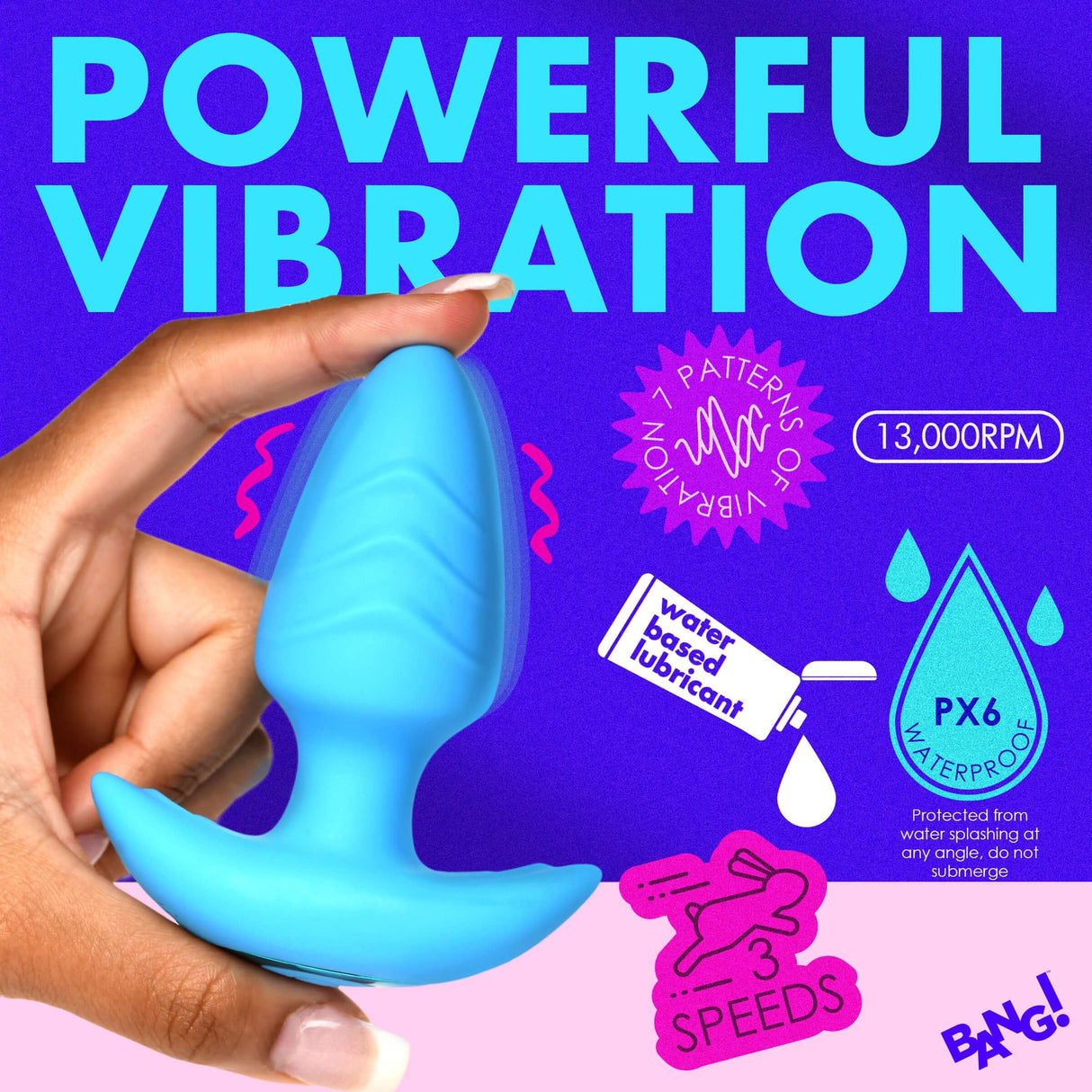 Bang Rotating & Vibrating Silicone Butt Plug Blue showcasing powerful vibration features and waterproof design.
