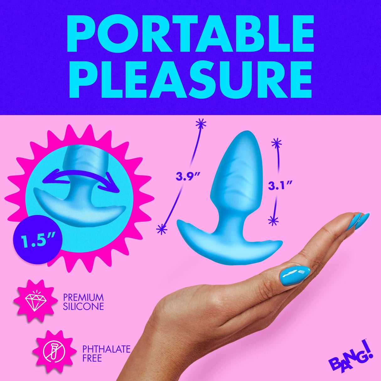 Bang Rotating & Vibrating Silicone Butt Plug Blue on a hand, showcasing premium silicone material and portable design.