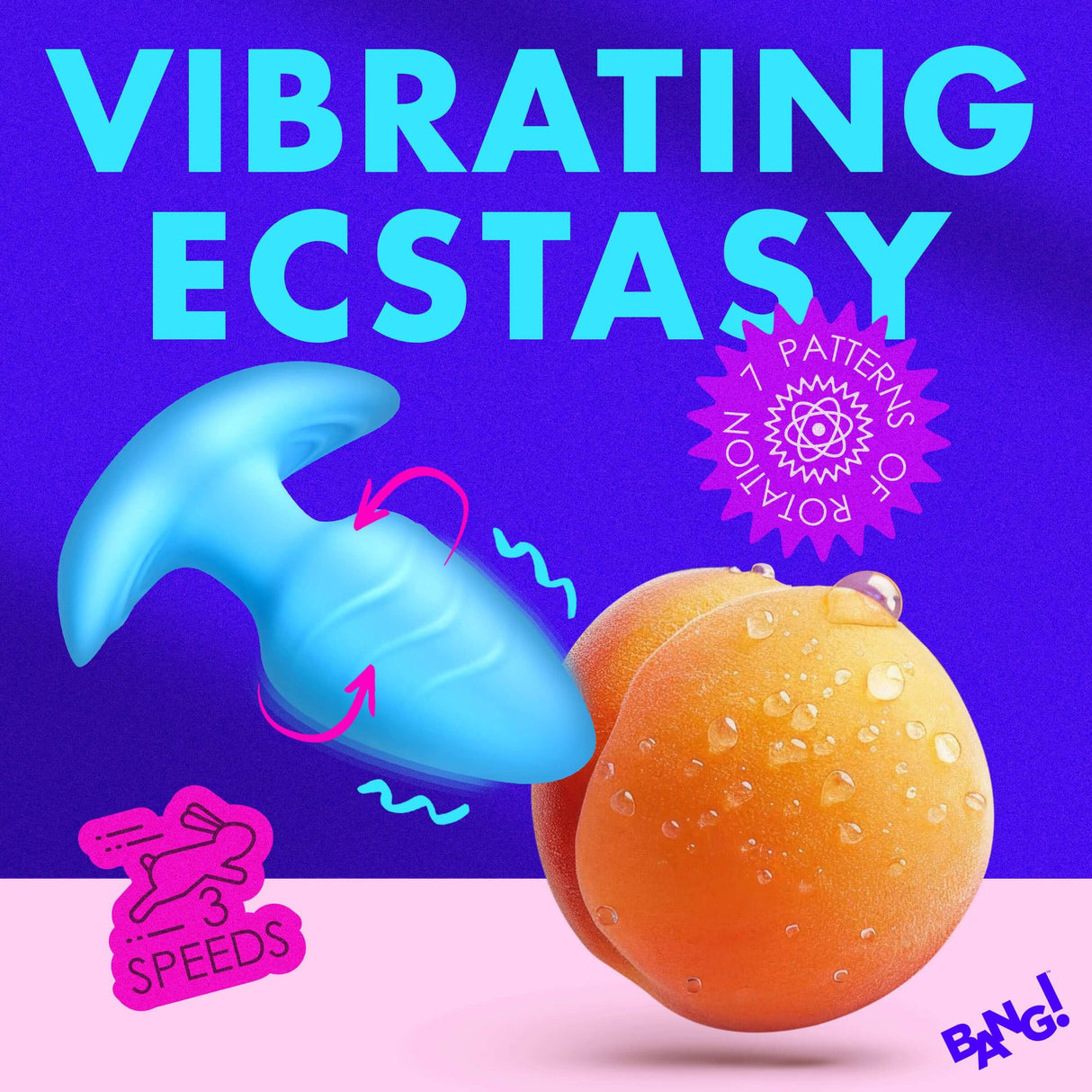 Bang Rotating & Vibrating Silicone Butt Plug Blue shown next to a peach, highlighting its 3 speeds and rotating patterns.