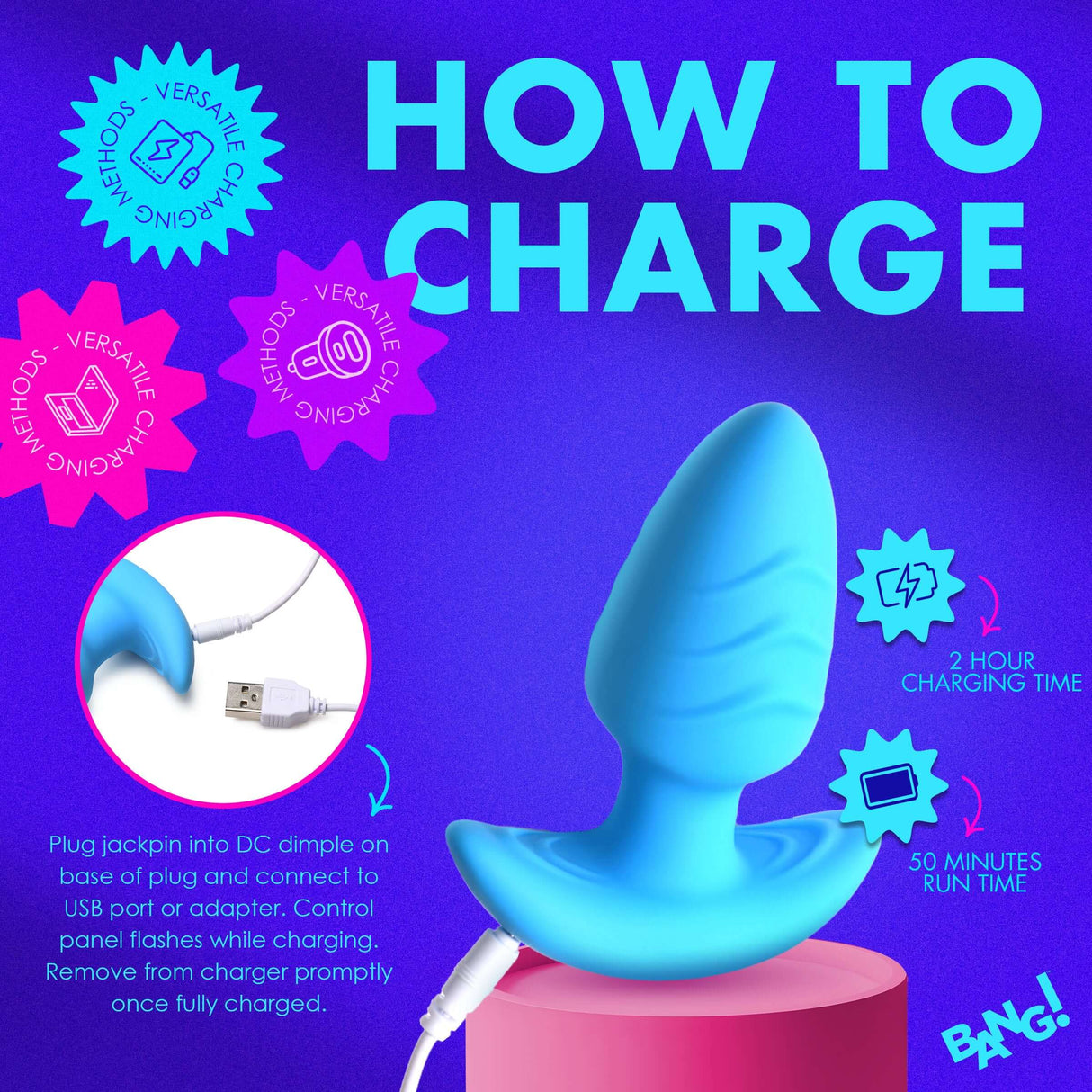 How to charge the Bang Rotating & Vibrating Silicone Butt Plug Blue with USB port and charging instructions.