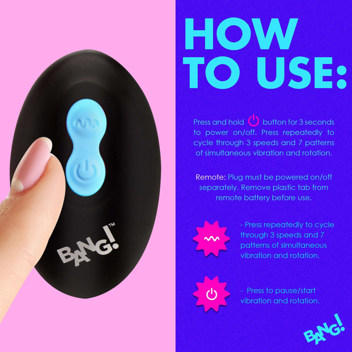 How to use the Bang Rotating & Vibrating Silicone Butt Plug Blue with instructions for power and settings.