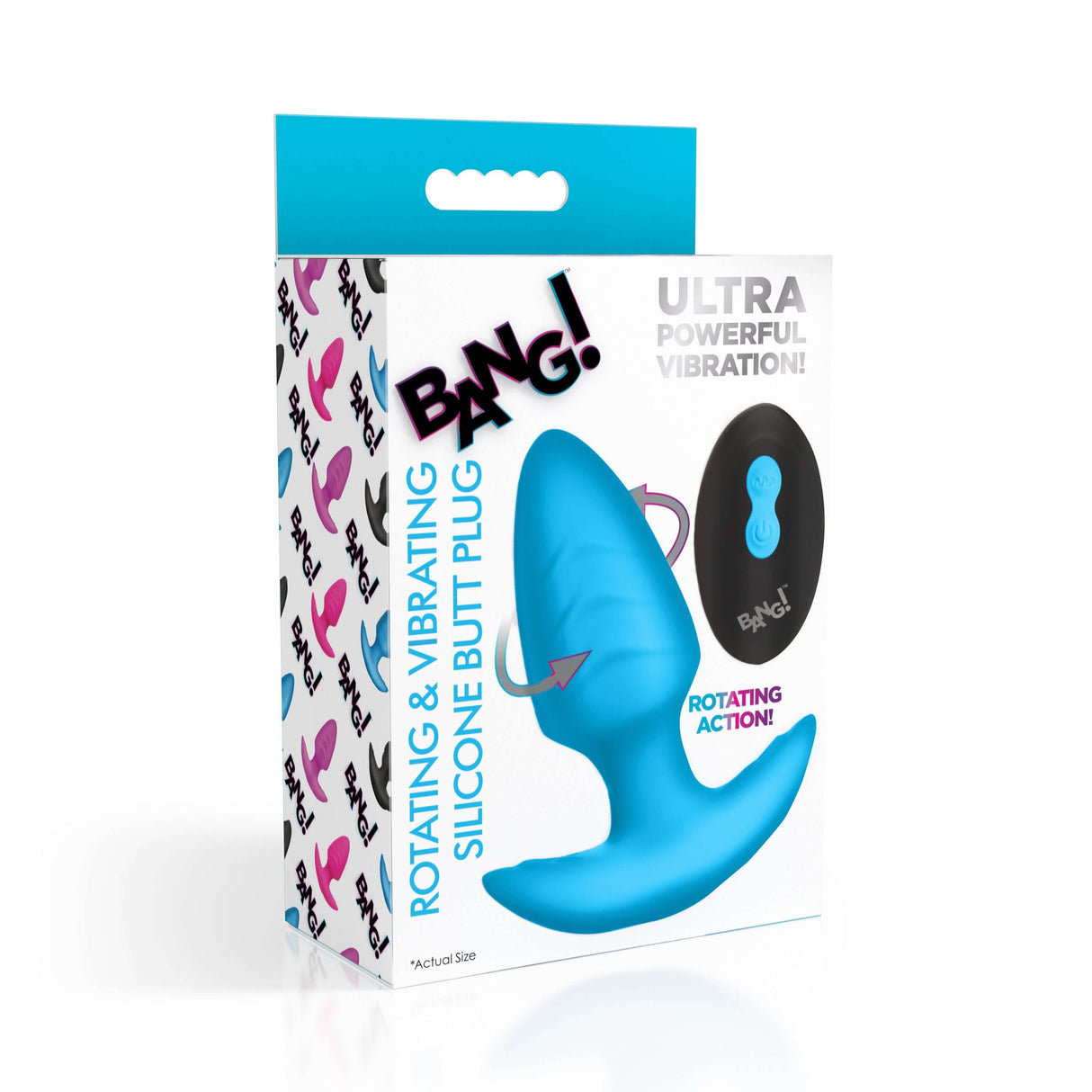 Bang Rotating & Vibrating Silicone Butt Plug Blue packaging with bold graphics and remote control.