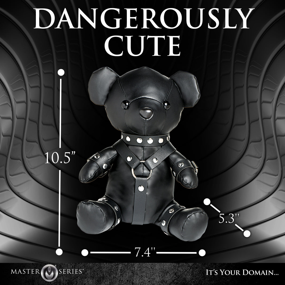 Master Series Gimp Teddy Bear Black with measurements, stylishly crafted from premium vegan leather.