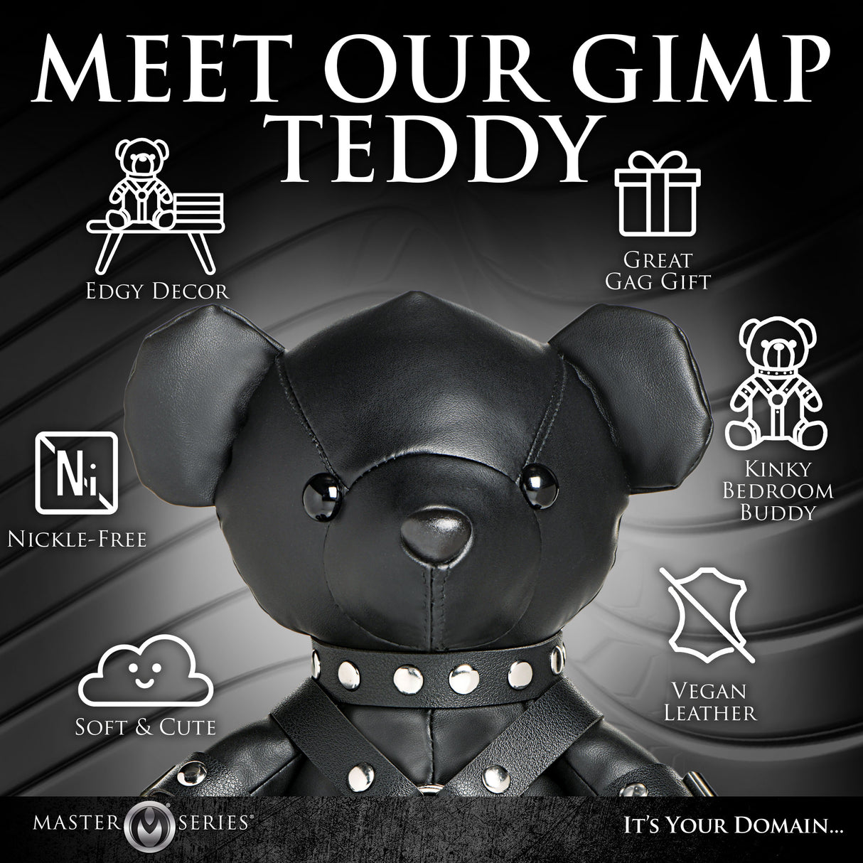 Master Series Gimp Teddy Bear Black featuring edgy decor, nickel-free materials, and soft vegan leather design.