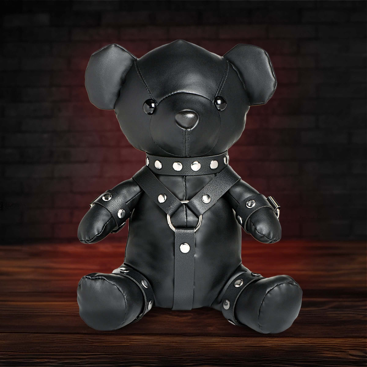 Master Series Gimp Teddy Bear Black, a unique collectible teddy bear in stylish black vegan leather.