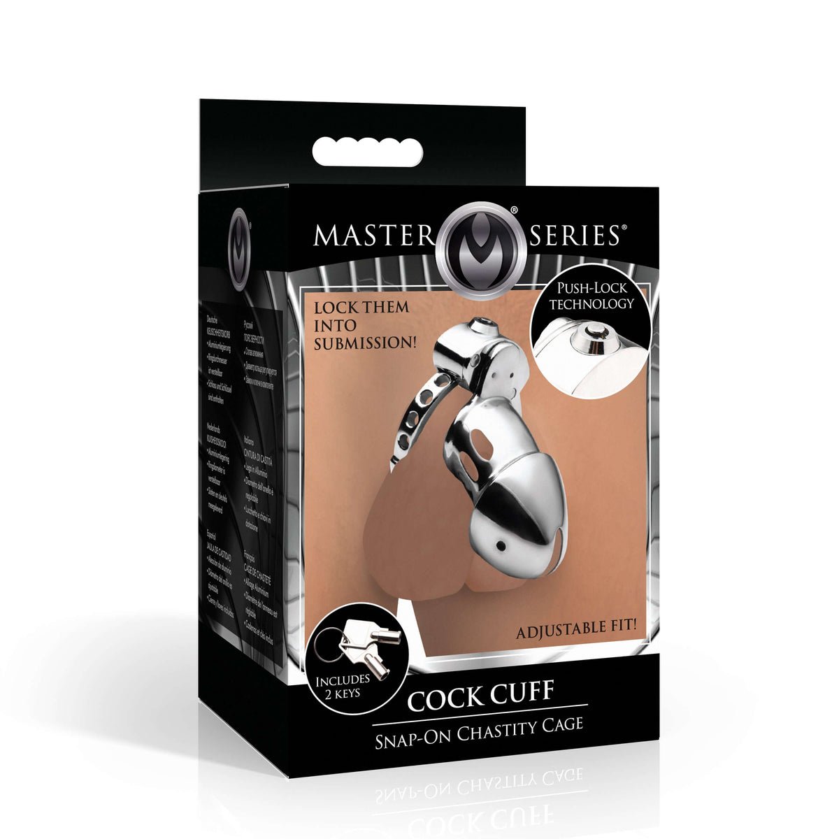 Master Series Cock Cuff Snap-on Chastity Cage packaging showcasing adjustable fit and push-lock technology.