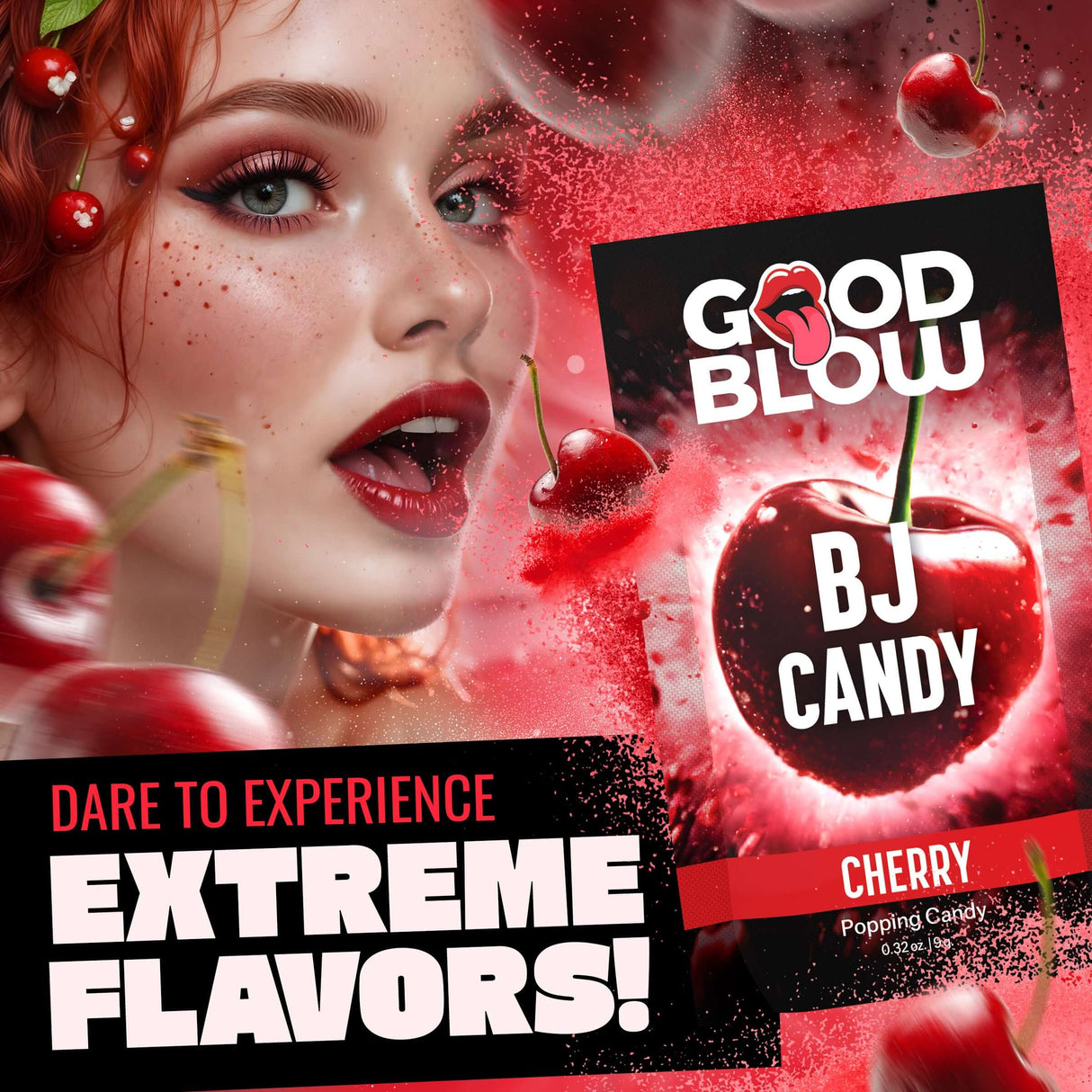 Good Blow Cherry Popping BJ Candy packaging with a model and cherries, featuring extreme flavors in a playful design.