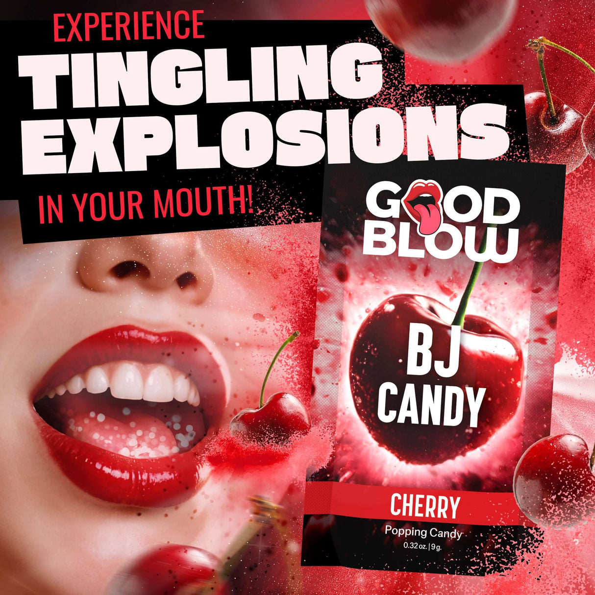 Good Blow Cherry Popping BJ Candy packaging with cherry flavor and bursting candy effects, highlighting playful sensations.
