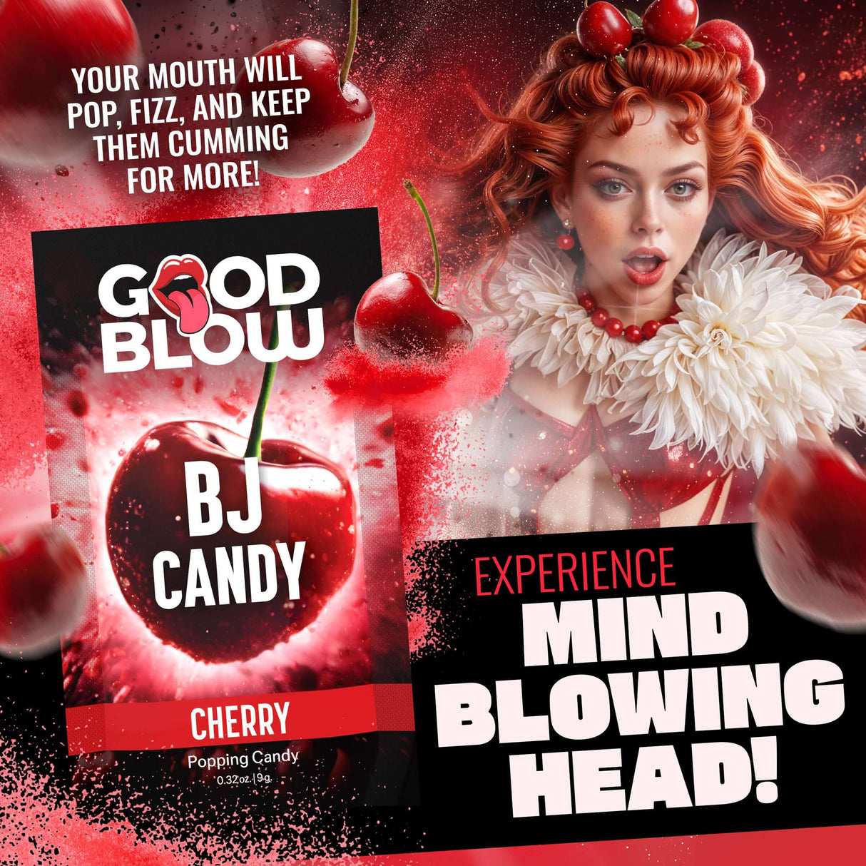 Good Blow Cherry Popping BJ Candy packaging featuring a playful cherry theme and vibrant visuals, promoting unique flavors.