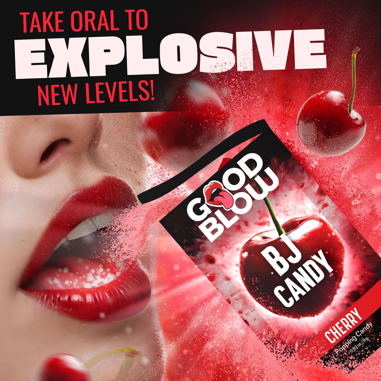 Good Blow Cherry Popping BJ Candy packaging with cherry graphics, emphasizing fun and excitement for intimate moments.