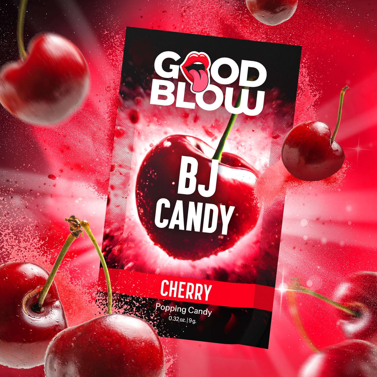Good Blow Cherry Popping BJ Candy packaging with cherries and vibrant design, highlighting its cherry flavor and popping sensation.
