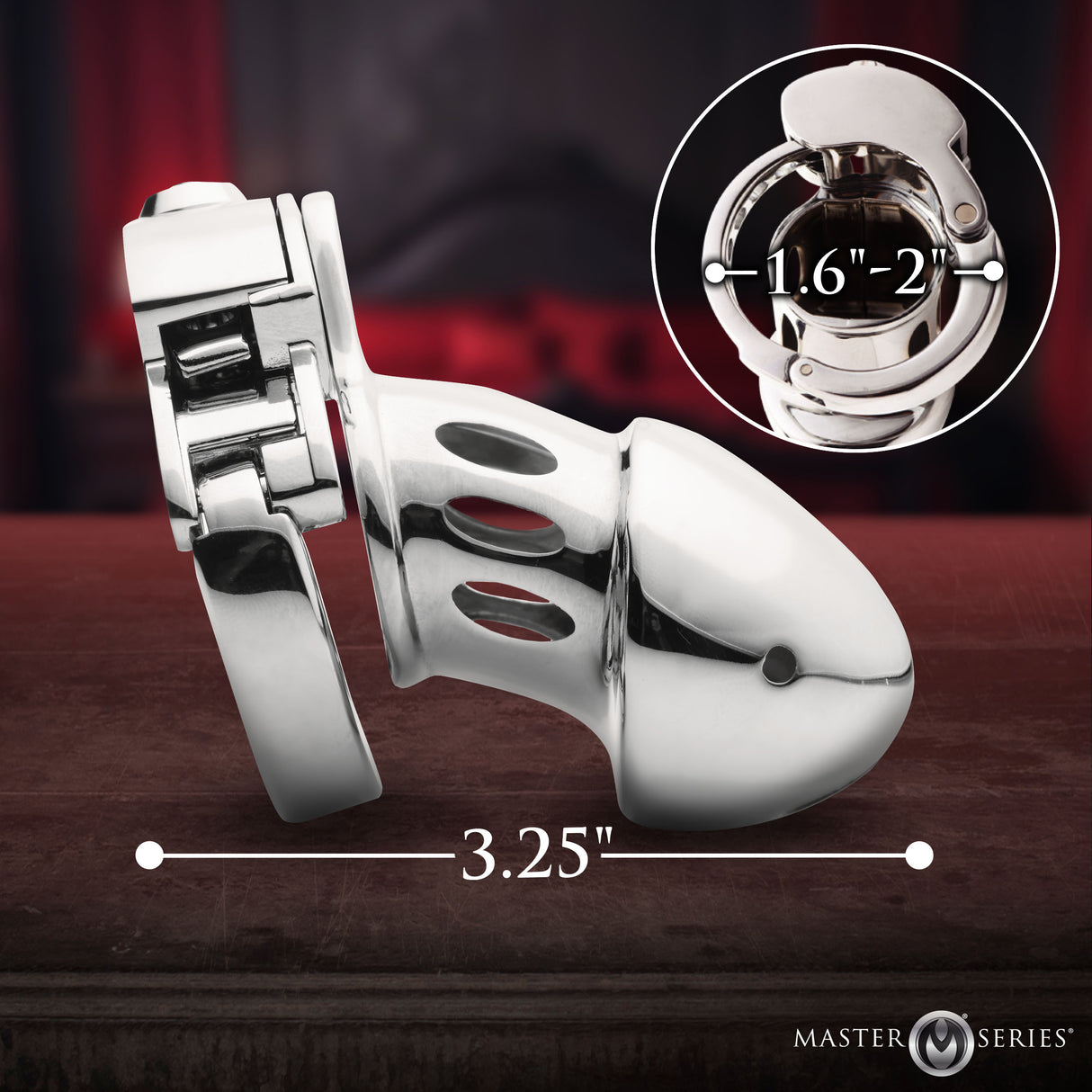 Master Series Cock Cuff Snap-on Chastity Cage shown from the side, featuring adjustable snap-on base ring and measurements.