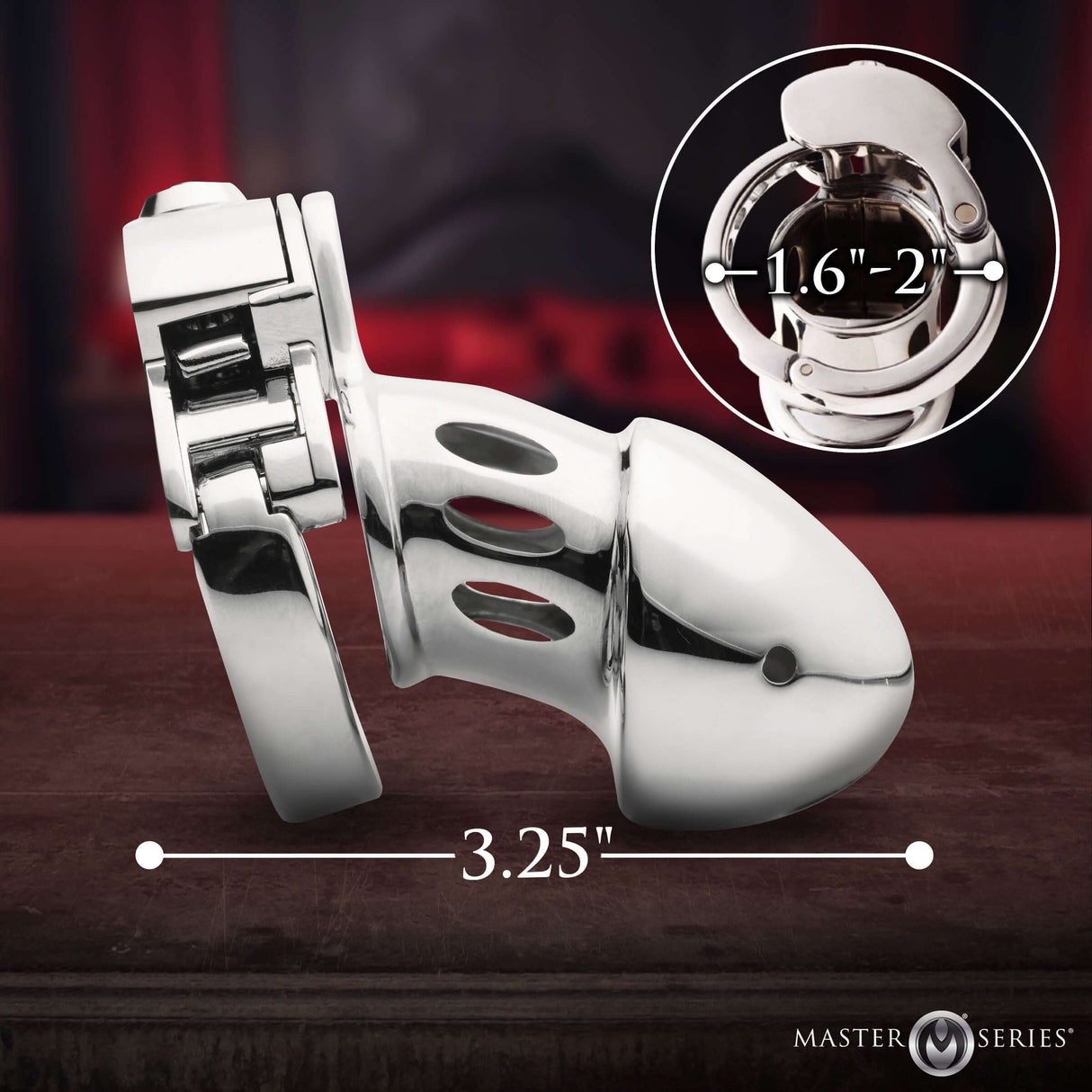 Master Series Cock Cuff Snap-on Chastity Cage shown from the side, featuring adjustable snap-on base ring and measurements.