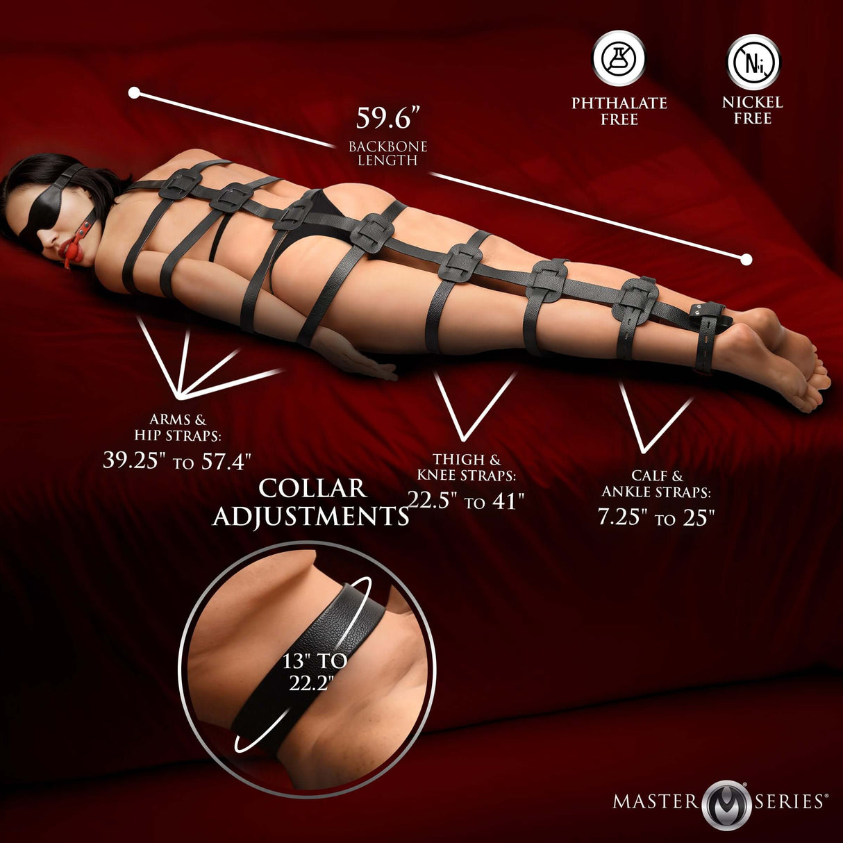 Master Series Backbone Full Body Harness Black with adjustable straps and central backbone for restraint.