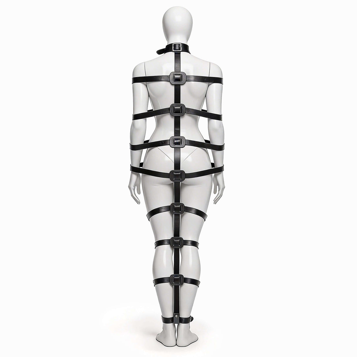 Master Series Backbone Full Body Harness Black on mannequin showcasing its full restraint system design.