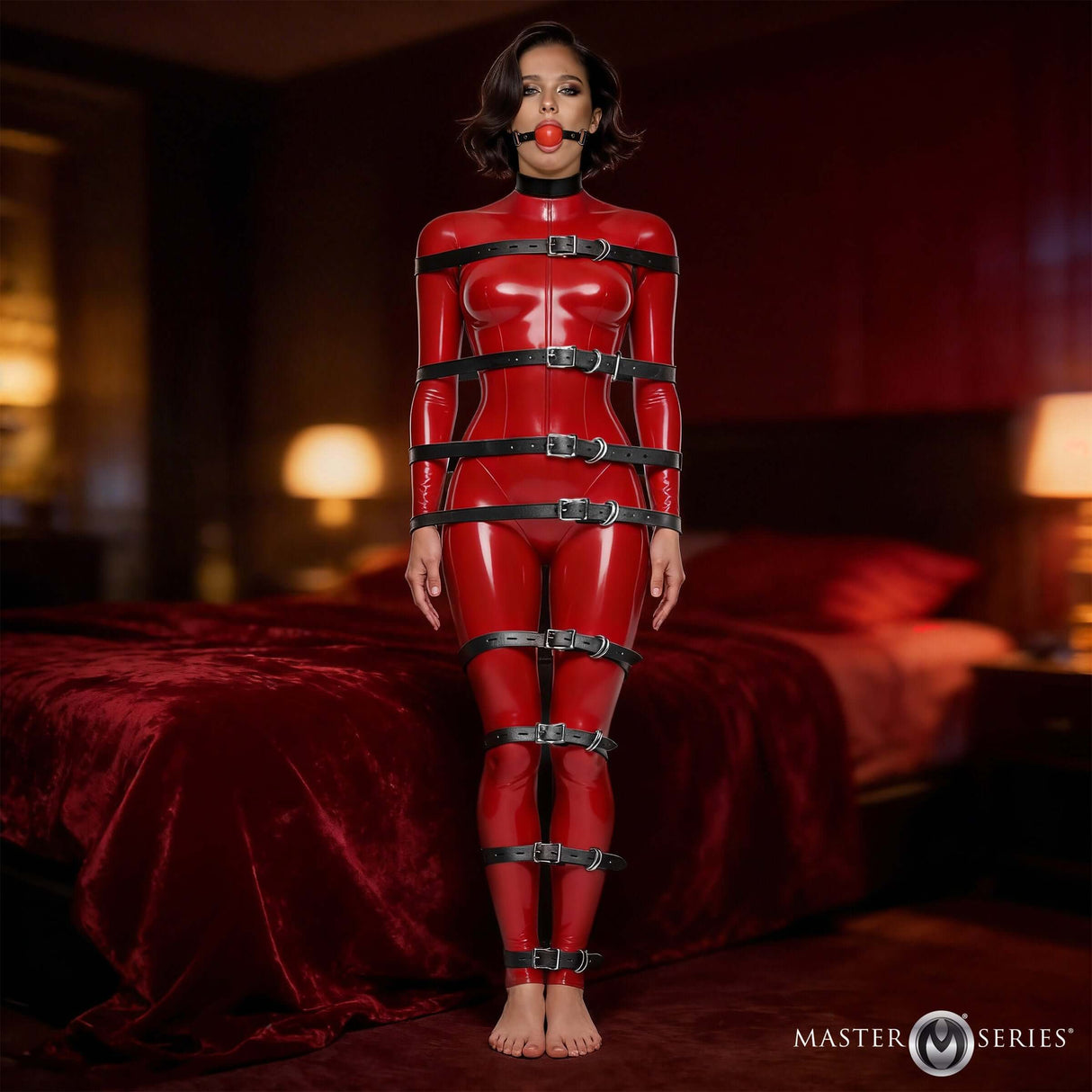 Master Series Backbone Full Body Harness Black worn by a model in a provocative pose on a bed.