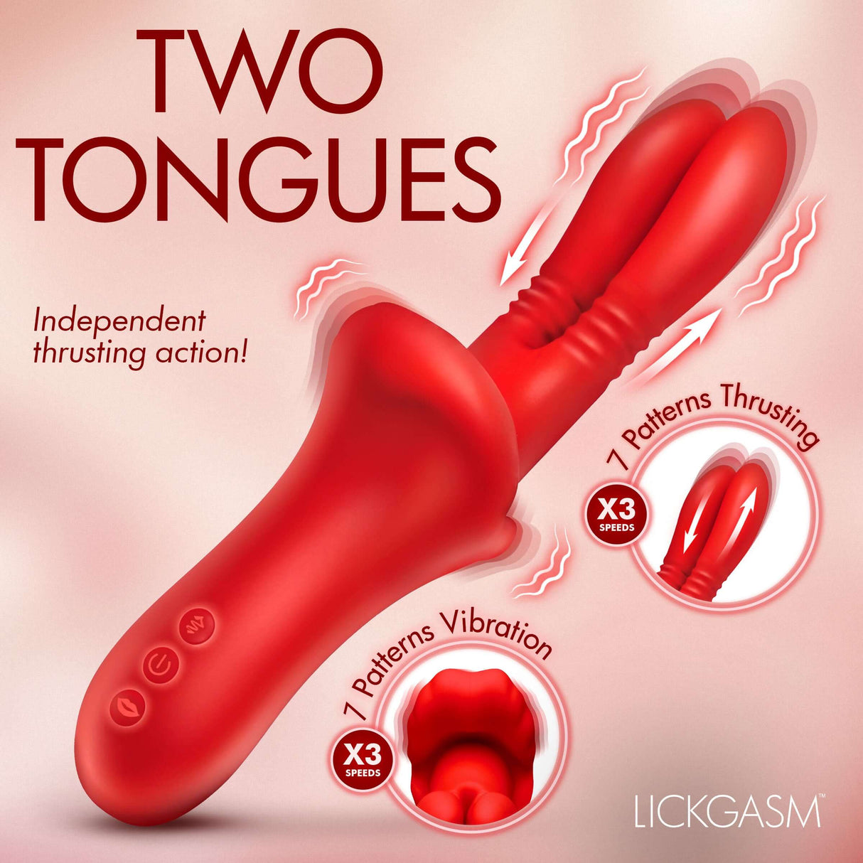 Lickgasm Double Licker Thrusting Silicone Vibrator with two tongues and independent thrusting action.