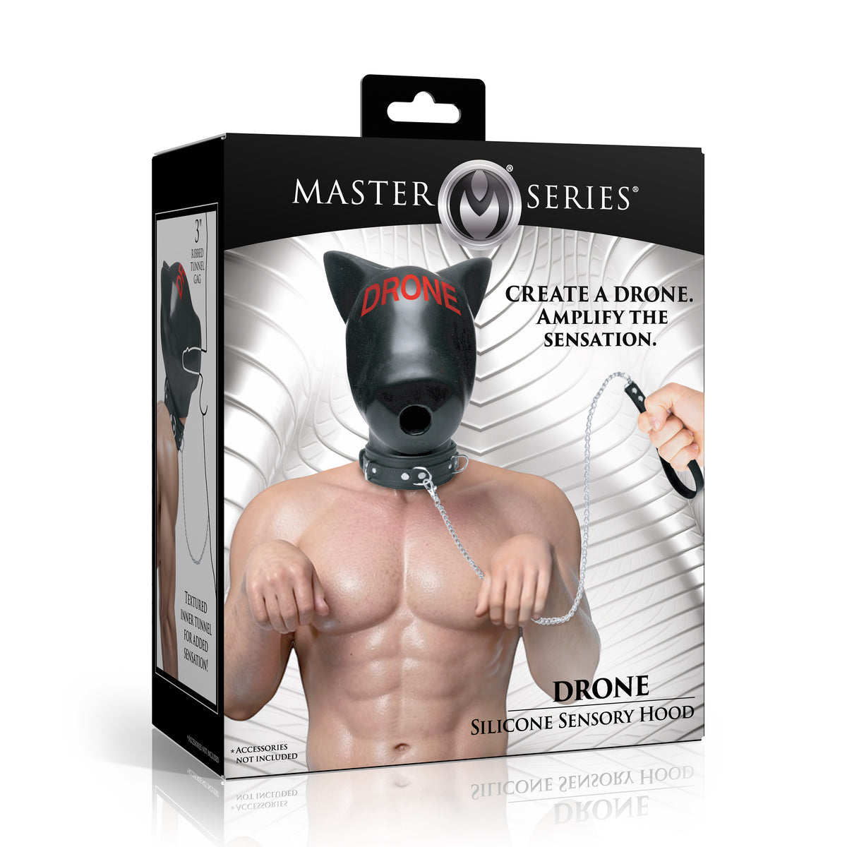 Master Series Drone Silicone Sensory Hood packaging features pup ears and gag for immersive play.