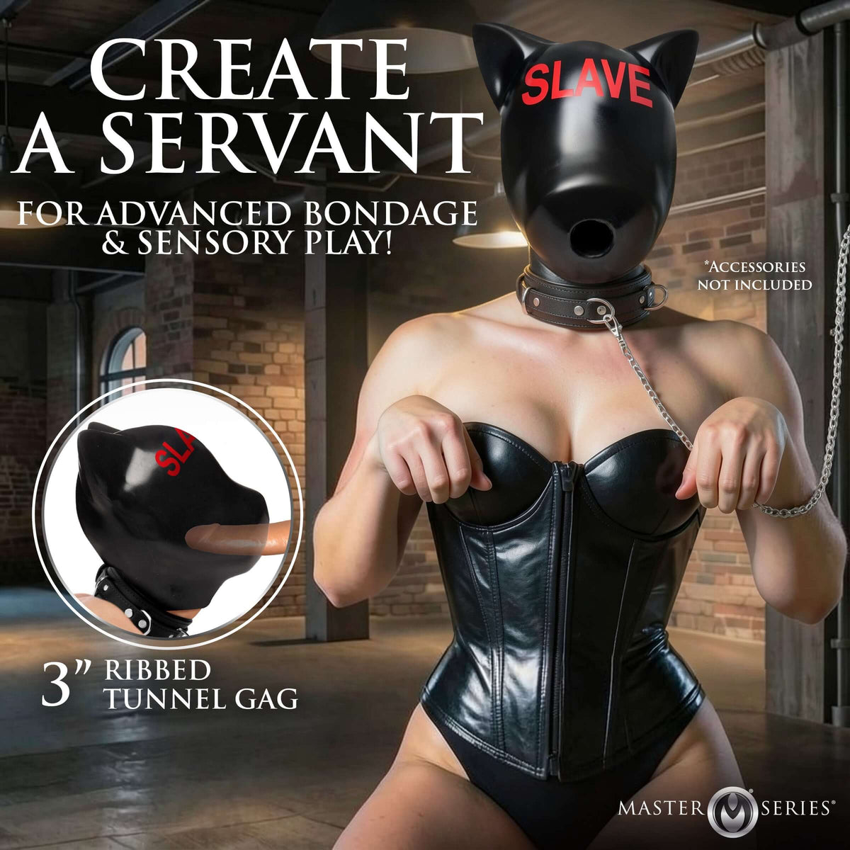 Master Series Slave Silicone Sensory Hood Black displayed with 3" ribbed tunnel gag for bondage and sensory play.