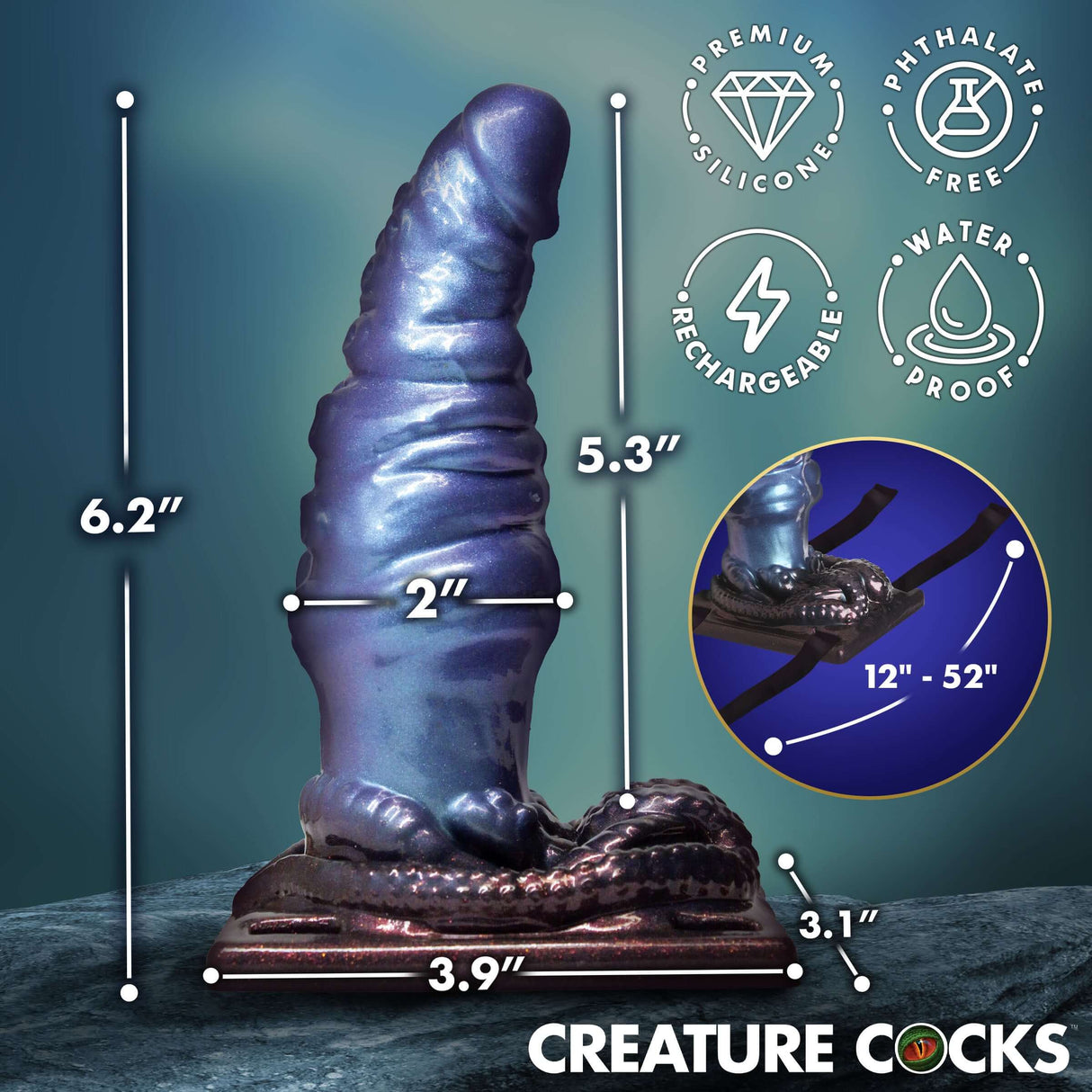 Creature Cocks Lord Neptune Fantasy Vibrating Silicone Grinder features premium silicone, tactile design, and adjustable strap for versatile use.