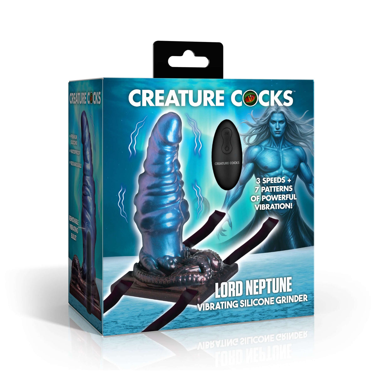 Creature Cocks Lord Neptune Fantasy Vibrating Silicone Grinder packaging featuring a tentacle design and vibration control.