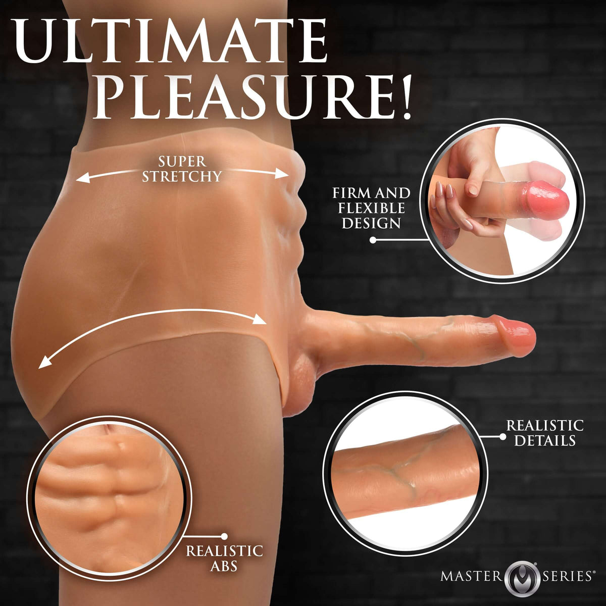 Power Briefs Thrusting & Vibrating Silicone Penis Panties showcasing realistic design and flexibility for ultimate pleasure.