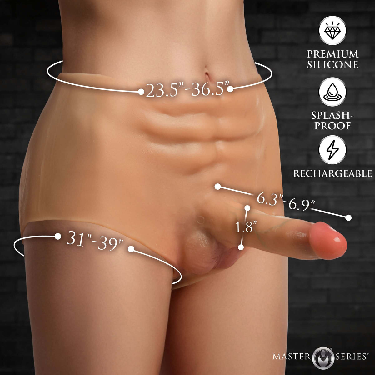 Power Briefs Thrusting & Vibrating Silicone Penis Panties showcasing detailed size dimensions and premium silicone features.