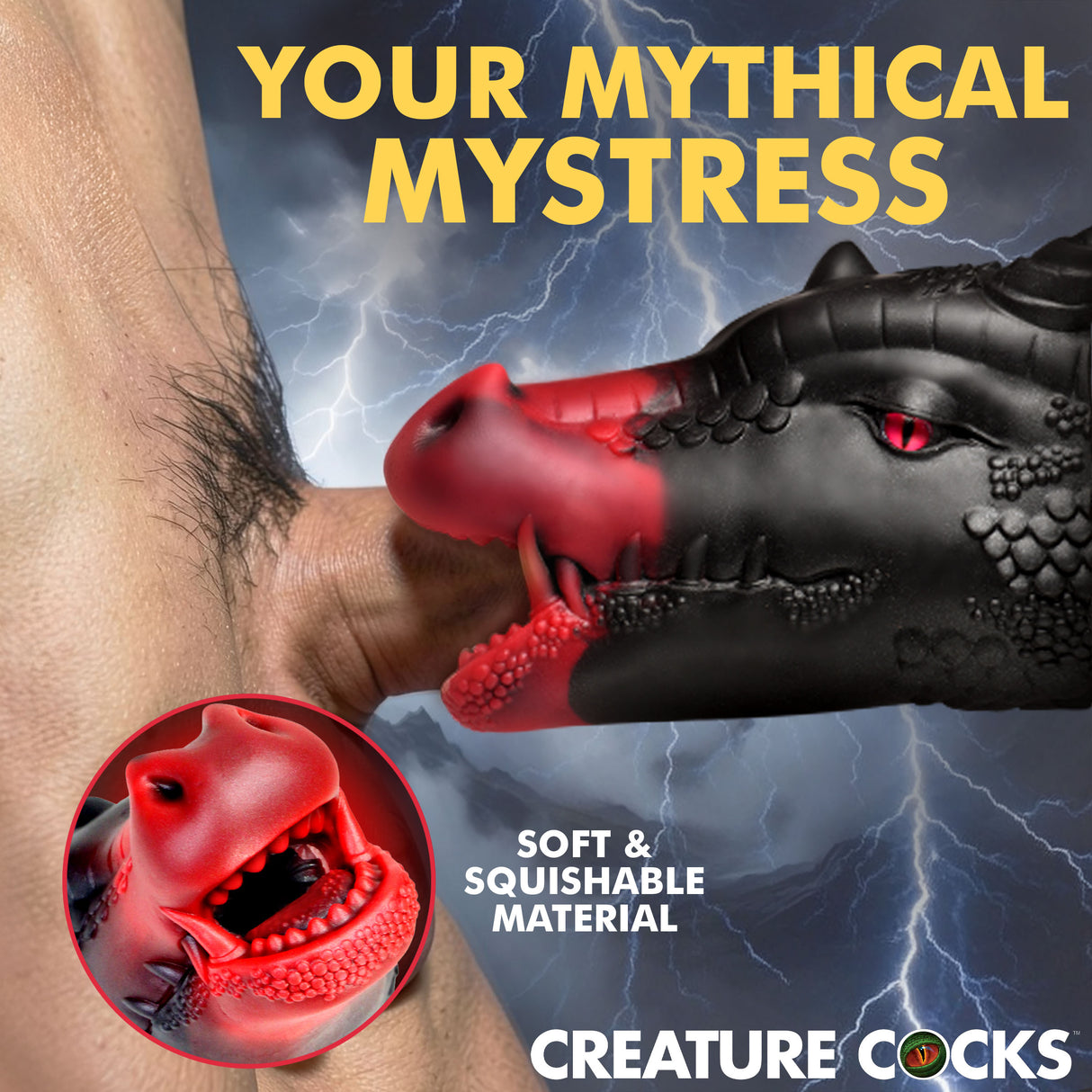 Creature Cocks Drago Fantasy Silicone Masturbator featuring a mythical dragon design and soft, squishable material.