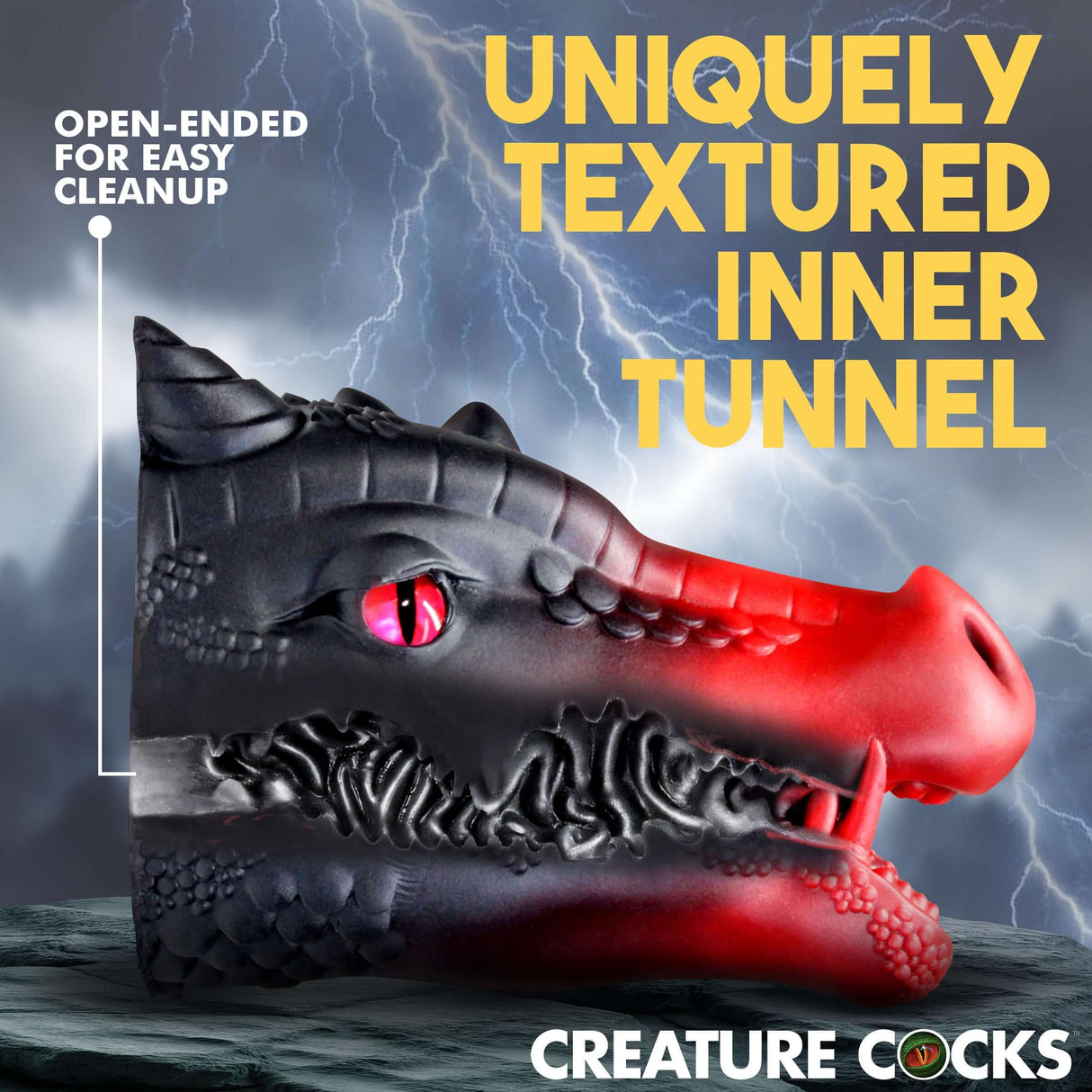 Creature Cocks Drago Fantasy Silicone Masturbator featuring a uniquely textured inner tunnel for enhanced pleasure.