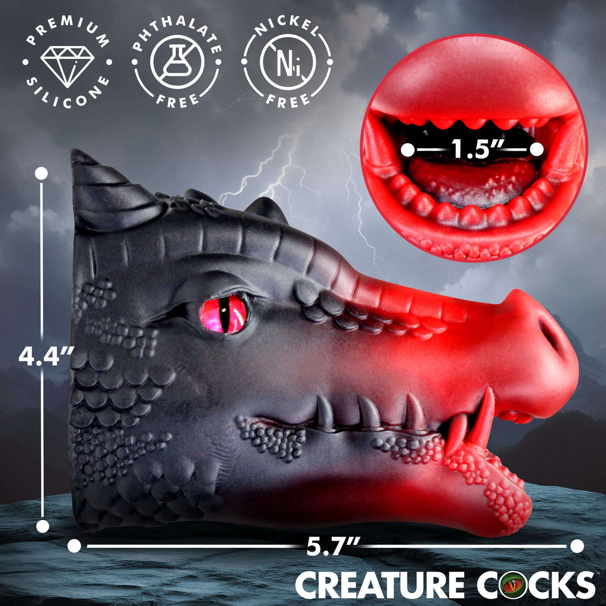 Creature Cocks Drago Fantasy Silicone Masturbator showcasing dragon design with textured features and size dimensions.