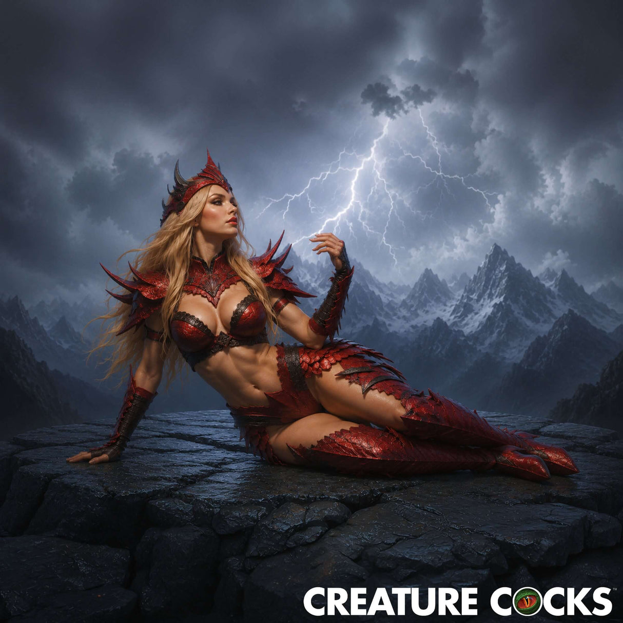 A model in a fiery dragon-themed costume poses dramatically against a stormy landscape, promoting Creature Cocks.