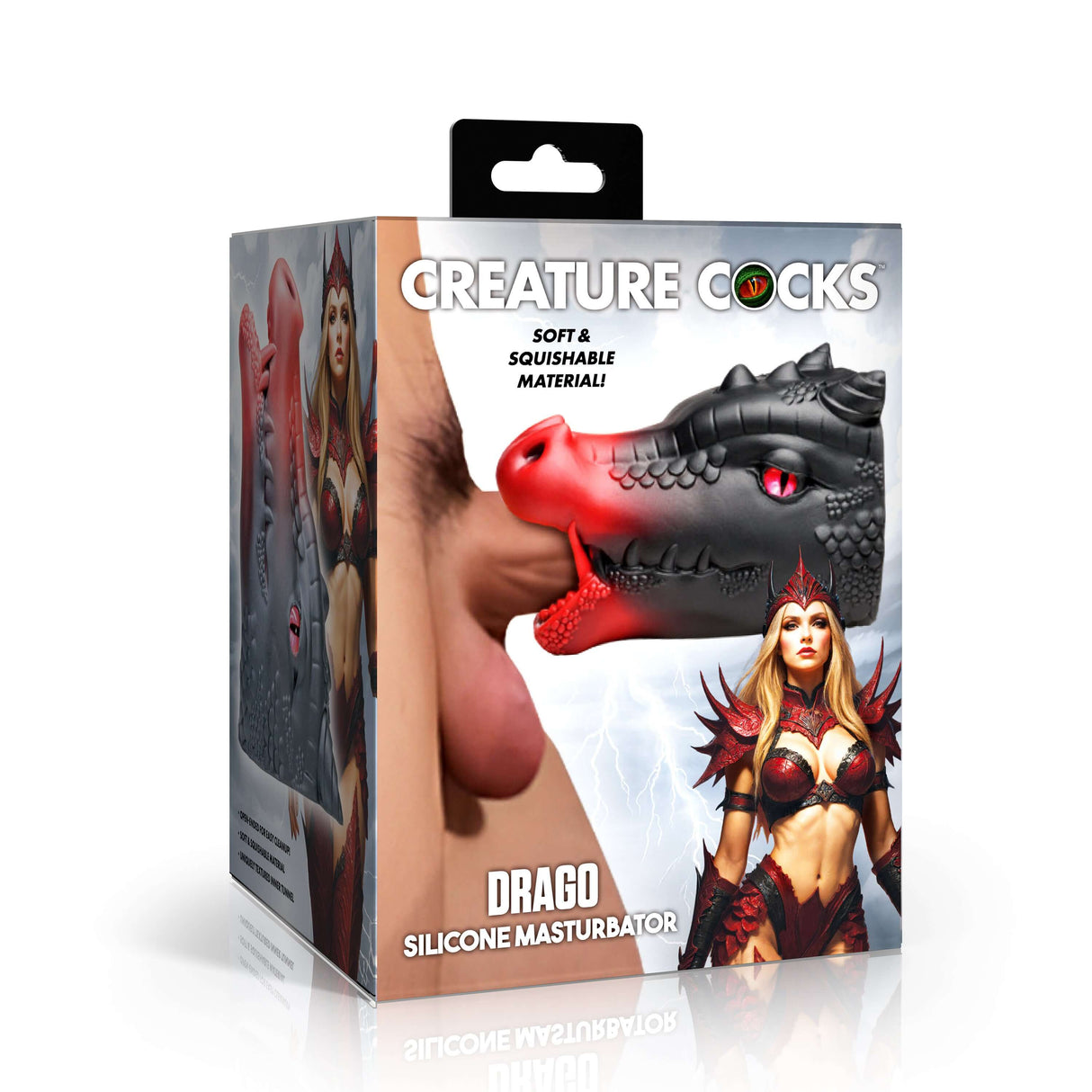 Creature Cocks Drago Fantasy Silicone Masturbator packaging featuring a squishable design and fiery dragon theme.