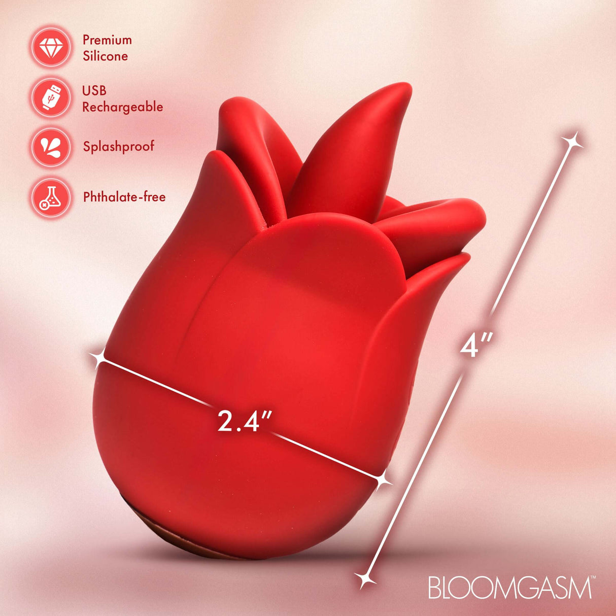 Bloomgasm Petal Kiss Kissing and Licking Vibrator, premium silicone, USB rechargeable, splashproof, phthalate-free, 4-inch design.