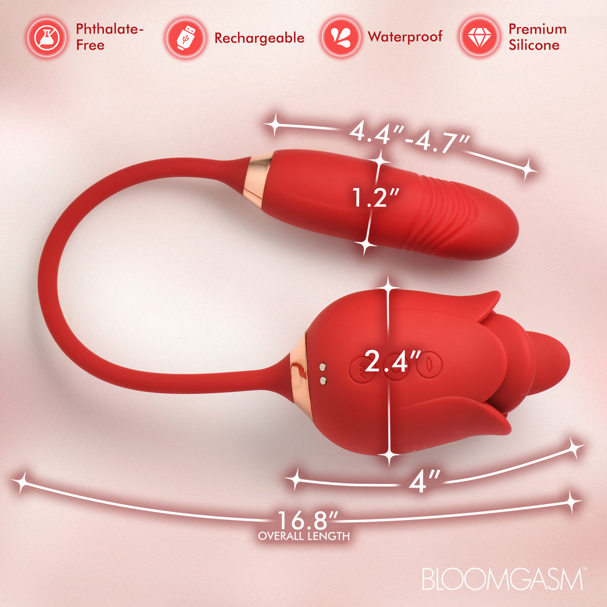 Blossom Kiss Licking Clit Stimulator with Thrusting Vibrator from Bloomgasm, showing sizes and features.