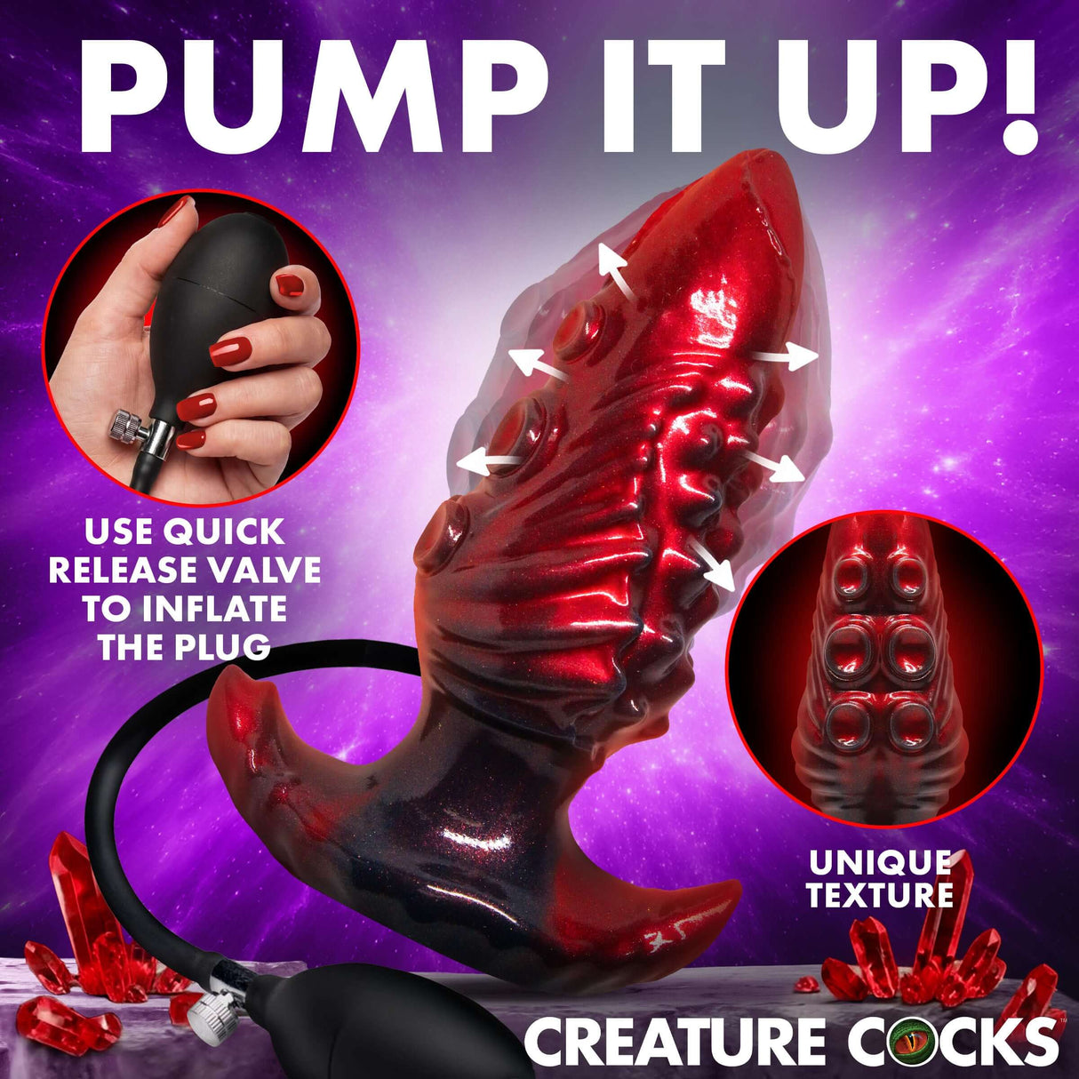 Creature Cocks Asstopus Fantasy Inflatable Anal Plug Large with a pump and unique texture in a colorful background.