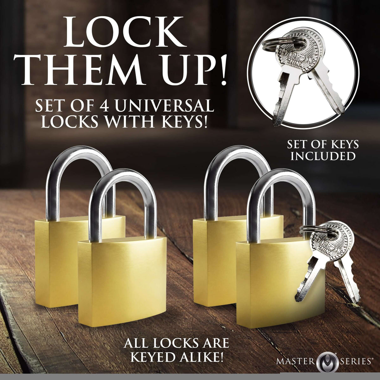Master Series 4 Pack Lock Set featuring four universal locks and keys, all locks keyed alike for convenience.