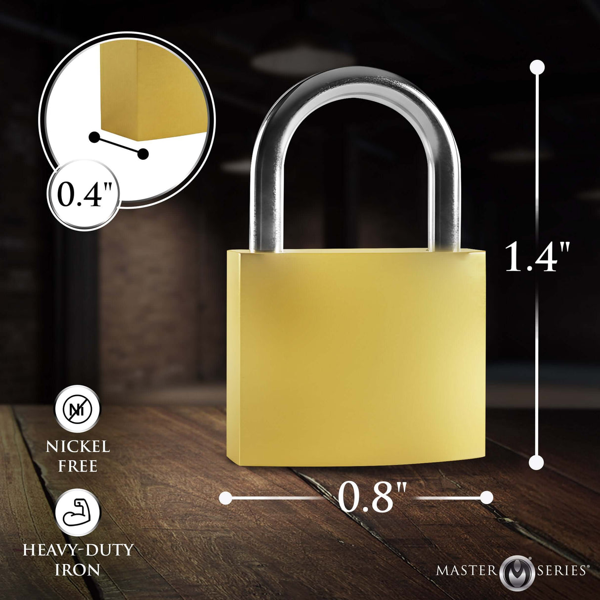 Master Series 4 Pack Lock Set featuring a nickel-free zinc alloy padlock measuring 1.4 x 0.8 x 0.4 inches.